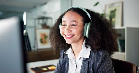 Business woman, headphones and smile with music for audio streaming or subscription in office....
