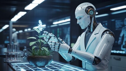 Humanoid robot researching plant in laboratory
