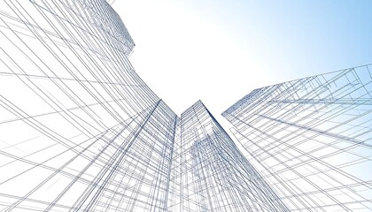 Low angle wireframe architectural drawing shows interconnected lines, rising structures against a gradient blue sky