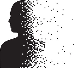 Abstract silhouette of a human head and shoulders dissolving into digital pixels and data streams representing technology and transformation