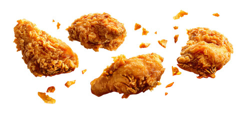 Crispy Chicken Delight: A savory ensemble in mid-air against a stark black backdrop.