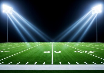 Illuminated american football field under stadium lights, showcasing the vibrant green turf and yard lines, creating a dynamic and energetic atmosphere