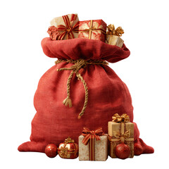 Santa's overflowing bag: Christmas presents & ornaments against black backdrop.