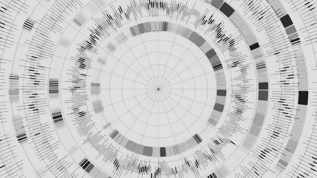 Big Data complex round graph animation. Top view on quantum computing universe. Cyber space of AI technology. Futuristic graph. Digital information presentation.