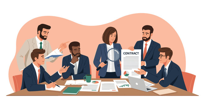 A diverse team of business professionals meticulously reviews a crucial contract and financial documents during a focused corporate meeting, ensuring compliance.