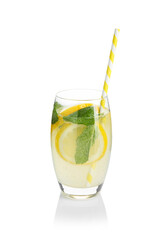 Refreshing lemonade with mint and fruit slices in glass isolated on white