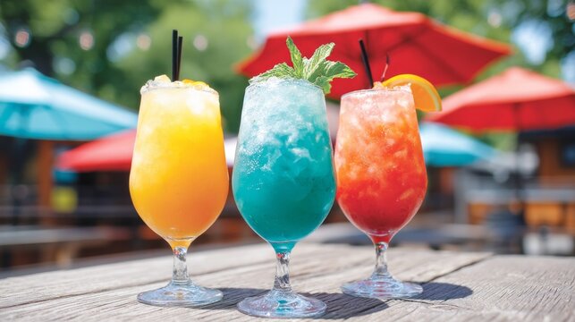 Bright and refreshing cocktails sit on a rustic wooden table at a sunny patio bar. Colorful umbrellas shade guests as they enjoy the lively atmosphere and sip their drinks