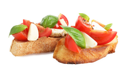 Tasty bruschettas with mozzarella cheese, tomatoes, basil and spices isolated on white