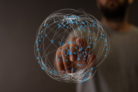 Abstract image of a hand touching a digital sphere representing global connection and modern technology. Ideal for concepts like inte - Powered by Adobe