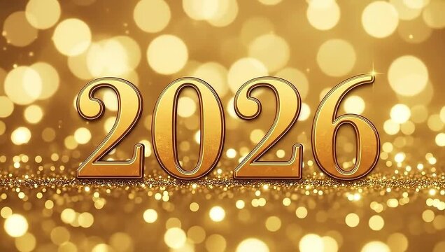 Shimmering golden year 2026 celebration with dynamic bokeh lights and sparkling confetti for festive new year events