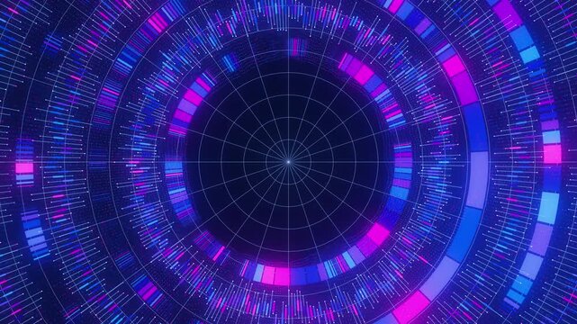 Big Data complex round graph animation. Top view on quantum computing universe. Cyber space of AI technology. Futuristic graph. Digital information presentation.
