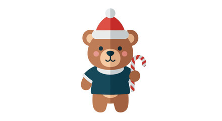 Cartoon bear with a Santa hat and candy cane stands on a white background