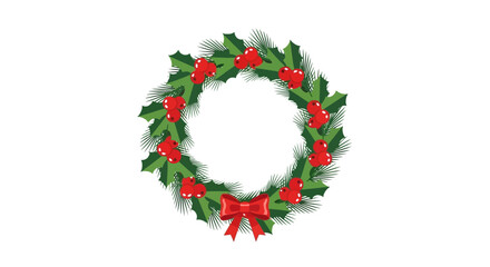 Festive wreath with green leaves red berries and a red bow adorns a white background © rahim