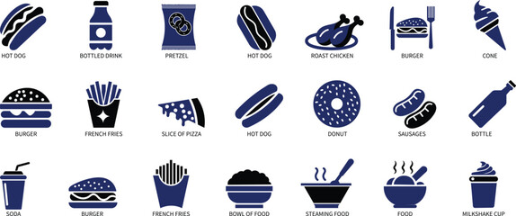  Flat vector fast food icon set featuring burgers, fries, pizza, and snacks. Perfect for restaurant, delivery service, food app, and branding projects..