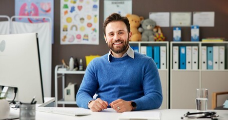 Doctor, office and portrait of man in hospital for medical service, pediatrician career and pride....