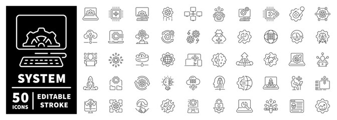 System administration icons set: editable line icons, linear, tech and it symbols