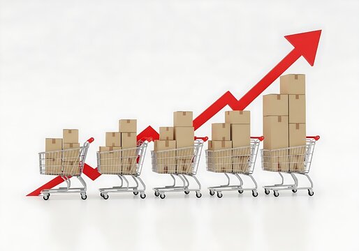 The concept of rising consumer demand and shipping volume displayed with carts, boxes, and a rising graph