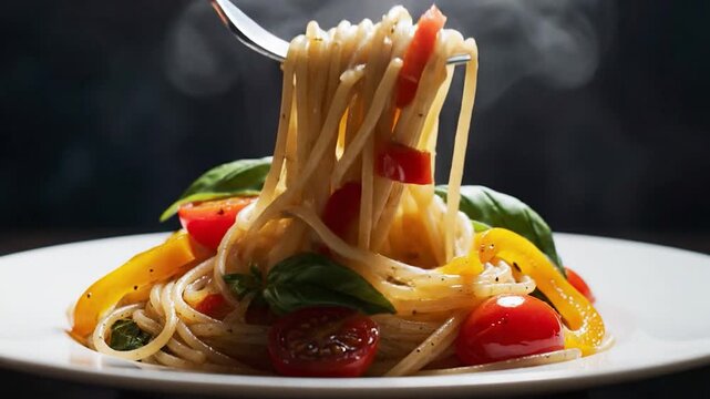 Steaming hot spaghetti with fresh cherry tomatoes yellow bell peppers and basil leaves twirled on