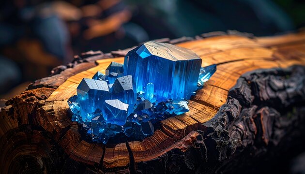 Luminous blue crystals cluster atop a piece of rough, textured wood, illuminated by soft, natural light