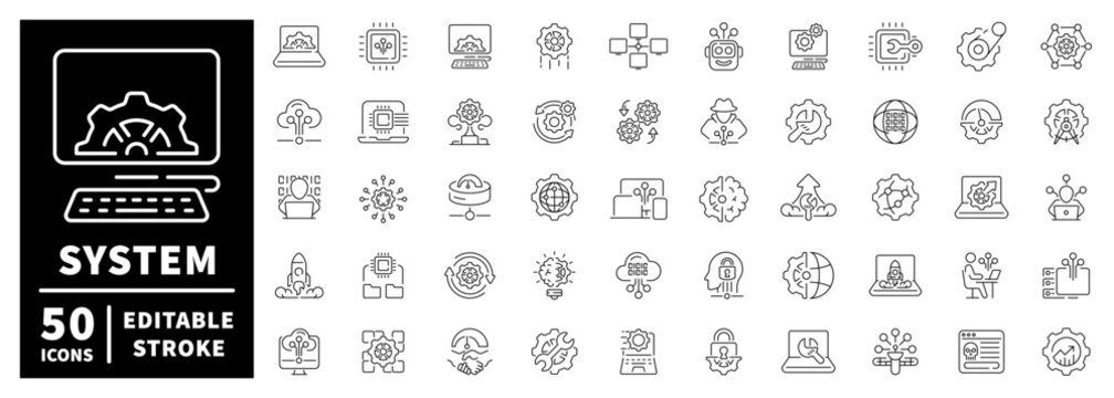 System administration icons set: editable line icons, linear, tech and it symbols