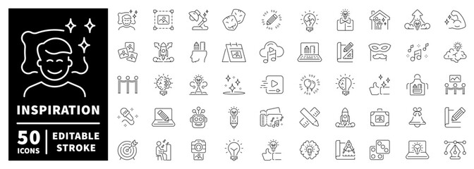 Inspiration icons set. editable line icons, outline, creativity and design tools