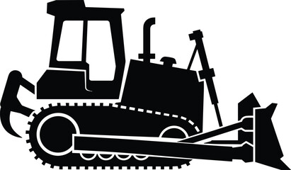 Silhouette, bulldozer, construction, heavy machinery, earthmoving, ripper, blade, industrial, equipment, black, white, vector, isolated, terrain, cab, track, push, dig, mining, simplified