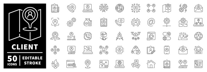 Client management icons set. editable line icons, outline, crm, business tools