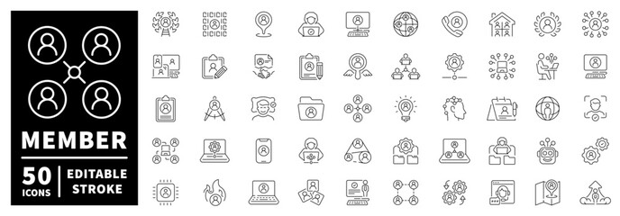 Member and community icons set. editable line icons, linear, social network graphics
