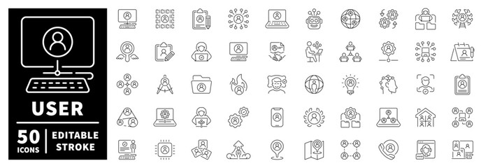 User management icons set: editable line icons, outline, admin and profile tools