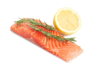Piece of salmon fillet with rosemary and lemon isolated on white