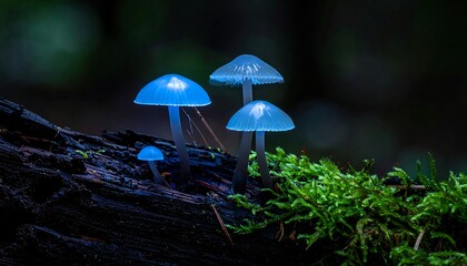 Fototapeta premium Luminous blue mushrooms cluster on a mossy log, against a blurred dark forest backdrop creating enchanting ambiance