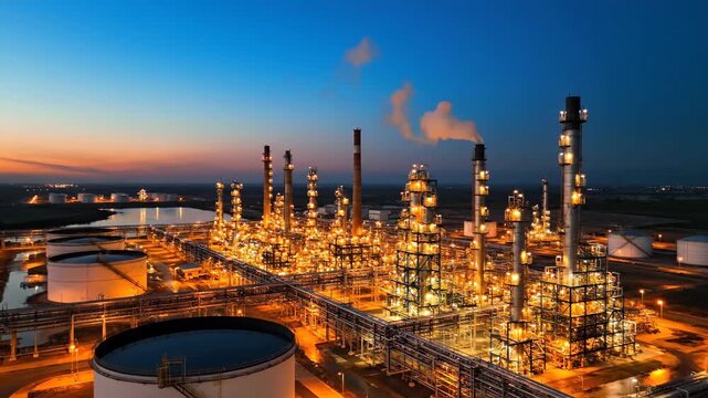 Petroleum Refinery at Night With Illuminated Pipelines and Storage Tanks