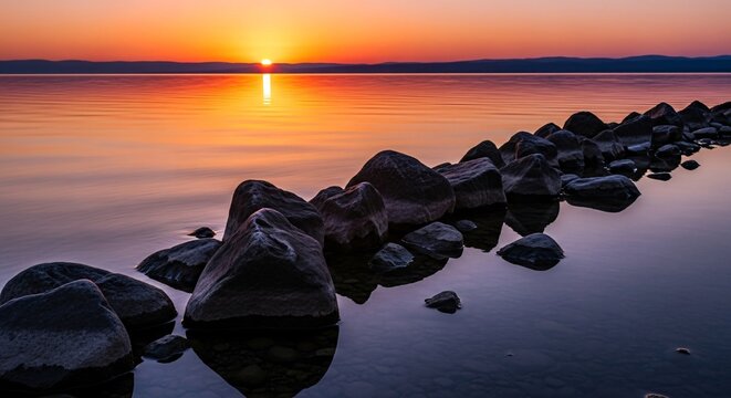 Tranquil sunset over calm lake with stone path silhouette horizon view