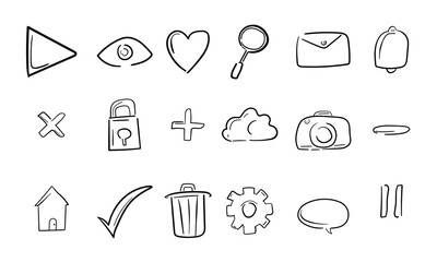 Hand Drawn UI Essentials Line Icons Set | Minimal Handwriting Doodle Outline Vector Collection for App, Web, and Social Media Design