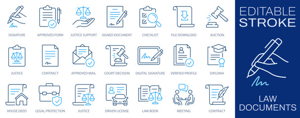 Law documents line icons set. Legal contract, verification, signature, protection, and certification symbol. Editable stroke.