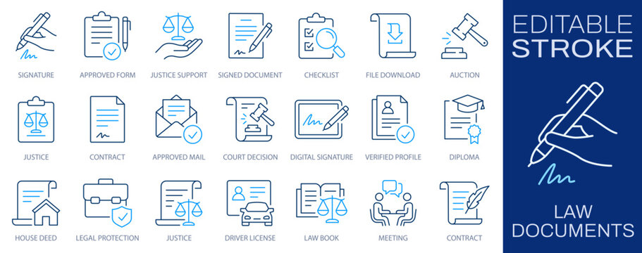 Law documents line icons set. Legal contract, verification, signature, protection, and certification symbol. Editable stroke.