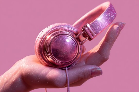 Close-up captures a glittery woman's hand holding up shimmering pink headphones against a matching