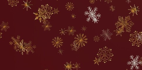 Abstract design with beautiful snowflakes falling on a maroon background. Festive illustration, perfect for Christmas cards or winter-themed pro