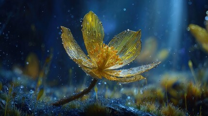 Golden Glowing Flower Shaped Leaf In Dark Blue Background