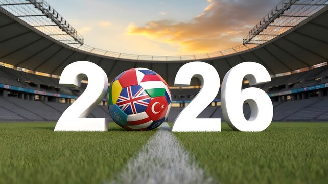 Football 2026 stadium with soccer ball featuring world flags, international sports championship, tournament, and global competition concept background