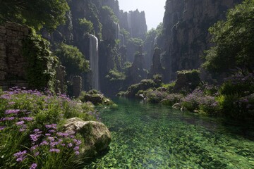 Lush Valley With Waterfall And Purple Flowers