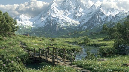 Scenic Mountain Valley With Flowers And Bridge