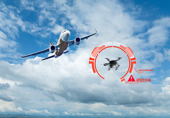 Commercial Airplane Flying Past Warning Graphic of Unauthorized Drone Detected Near Airport Airspace.