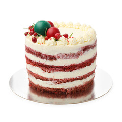 Delicious sponge cake with Christmas decor and red currants isolated on white