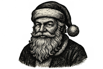 Santa claus vintage engraving portrait illustration, black and white santa head drawing, old saint nick