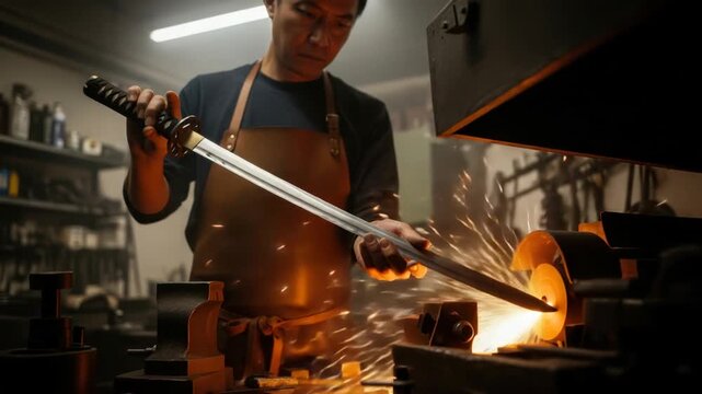 Skilled Swordsmith Forging a Traditional Japanese Katana Blade.