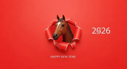 The picture shows a horse looking through a hole in red paper, next to it are the numbers 2026, and under the horse is the inscription "Happy New Year." New Year's Holiday Concept