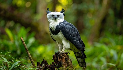 Majestic harpy eagle perches atop a mossy stump, its white chest contrasting against its dark, patterned wings