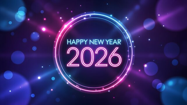 Happy New Year 2026 glowing neon circle design with blue and pink lights, futuristic holiday greeting and vibrant celebration background illustration - Powered by Adobe
