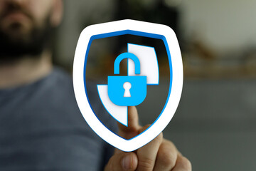Concept of cybersecurity, data privacy and protection, illustrating the concepts of safety and protection, with a lock on a shield